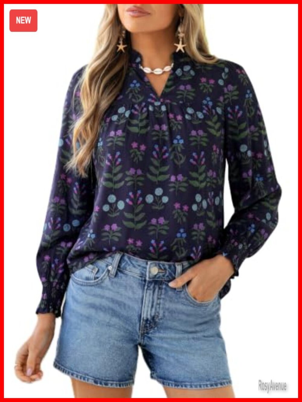 Women's Boho Floral Long Sleeve Blouse V-Neck Smocked Cuff Dressy Casual